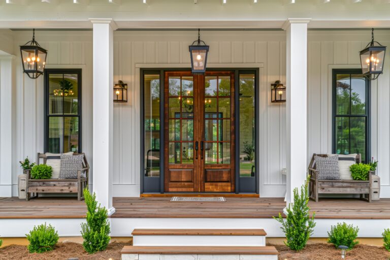 Cozy home entrance with wooden elements and greenery.